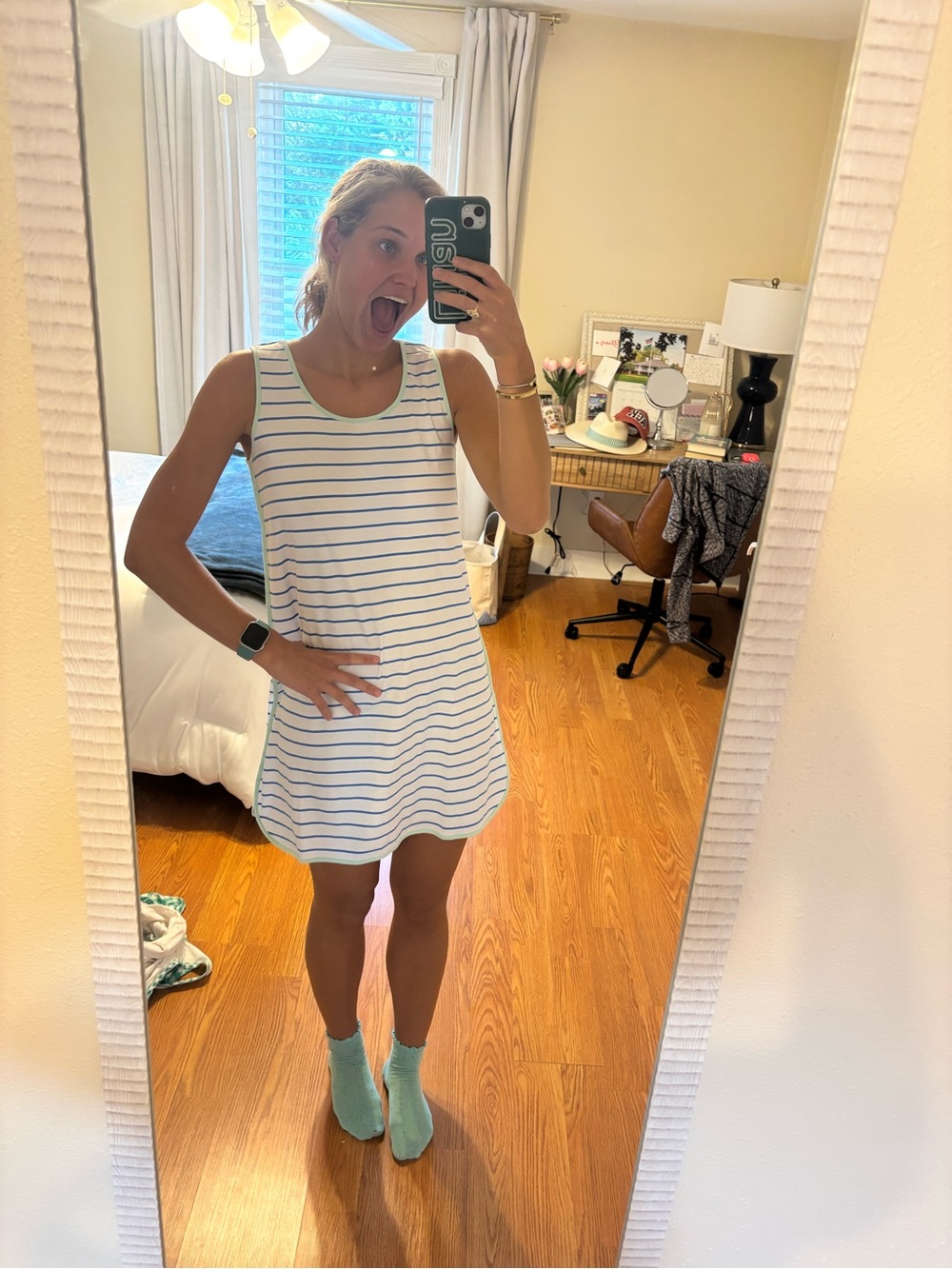Striped Sleeveless Mini Dress in White & Blue